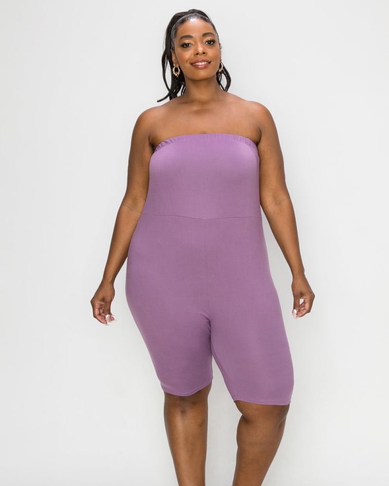 Front of a model wearing a size 1X Chandler Romper in Dusty Plum by L I V D. | dia_product_style_image_id:241604